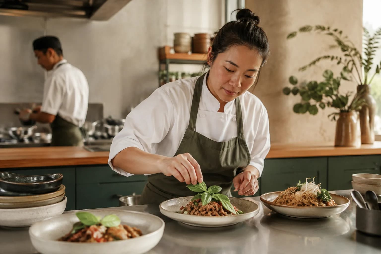 Chef finishing dishes before restaurant service